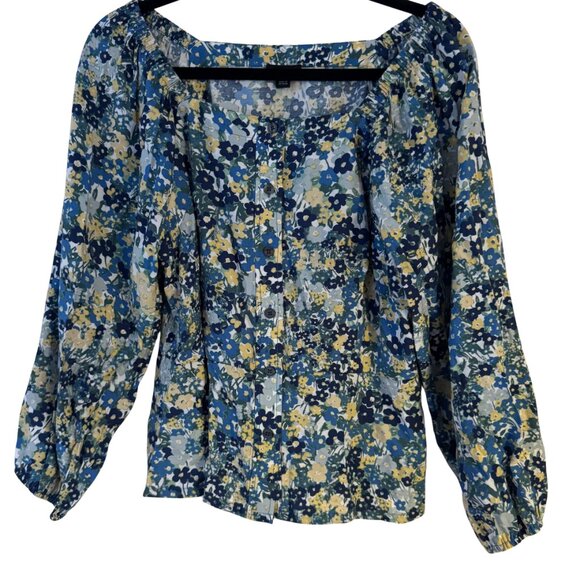 Ann Taylor Blue Floral Button Down Peasant Blouse Women's Medium NEW - Picture 1 of 6